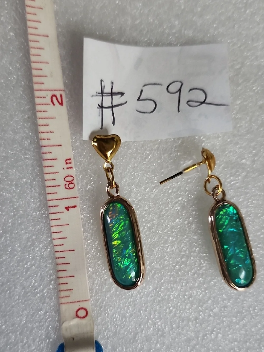 Hand Crafted Gold Heart Dangle Earrings with Blue and Green Opal
